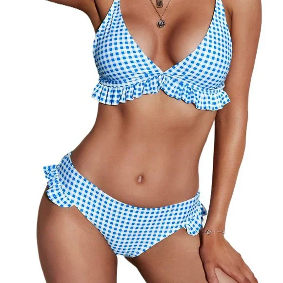 Sky Blue Plaid Ruffle Trim Triangle Bikini Set - Picture 10 of 15